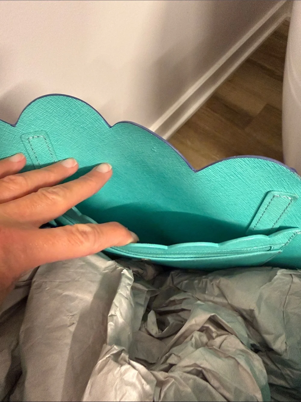 kate spade cobalt blue tote with teal scalloped trim